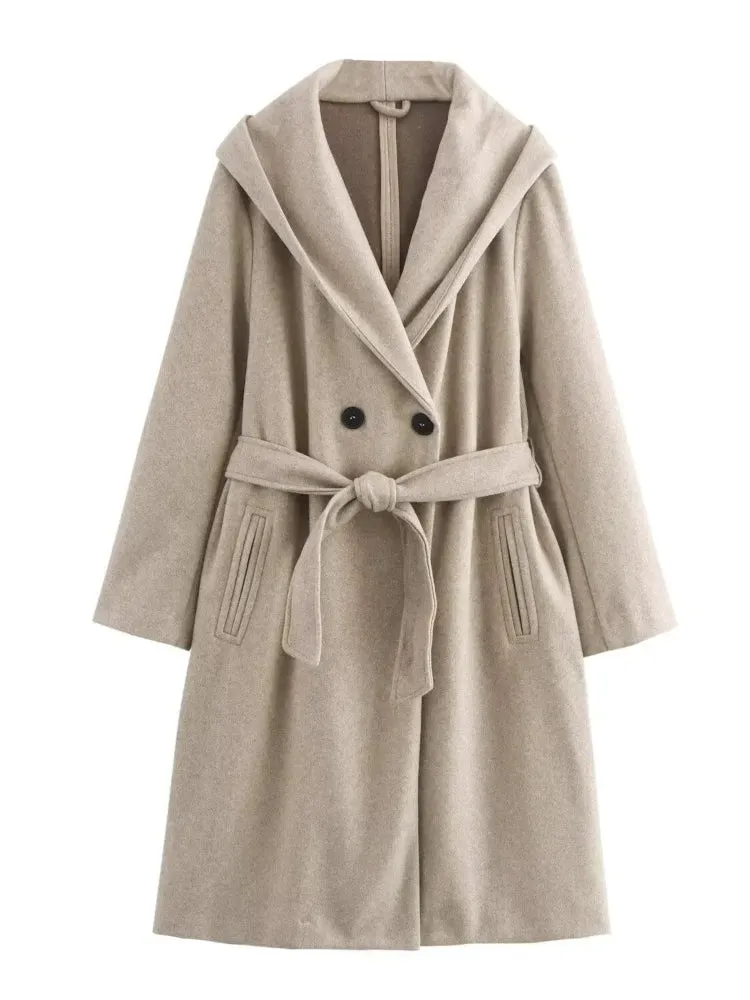 Neutral Wool Hooded Double Breasted Front Tie Coat