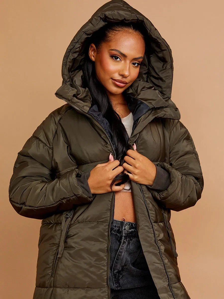 Nicky Longline Quilted Hooded Coat with Button Detail In Khaki