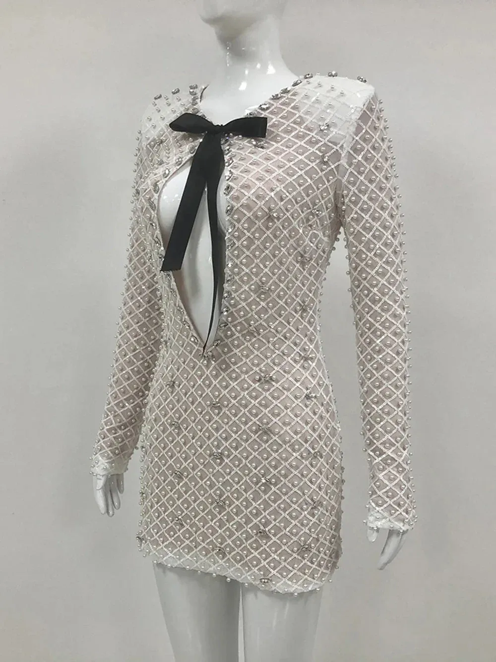 Pearl Sequin Mini Long Sleeve Party Dress