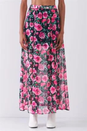 Pink Gardenia Floral Print High Waist Semi-Sheer Maxi Skirt /1-2-2-1