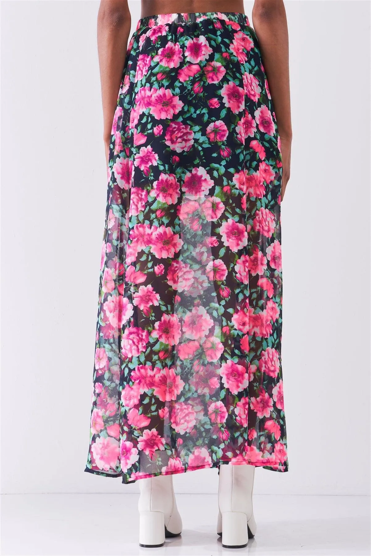 Pink Gardenia Floral Print High Waist Semi-Sheer Maxi Skirt /1-2-2-1