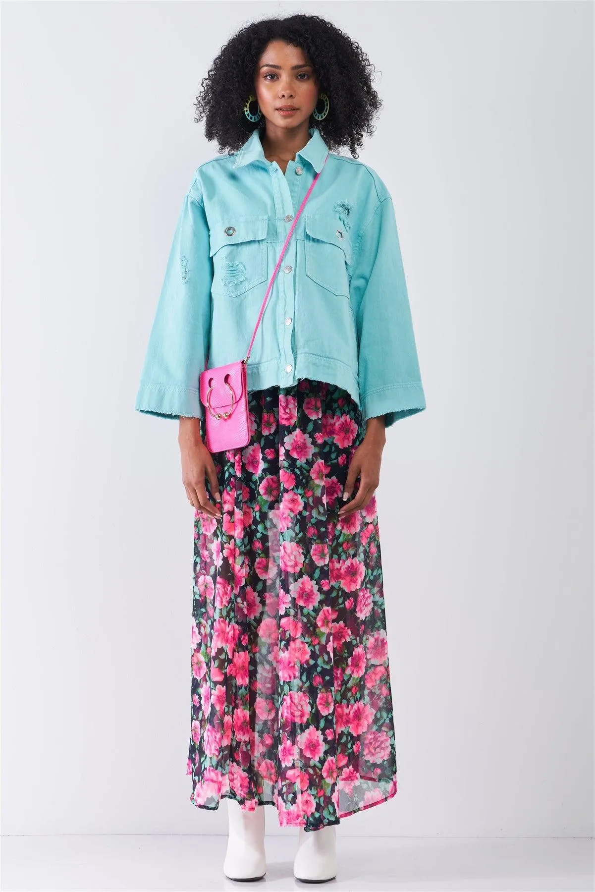 Pink Gardenia Floral Print High Waist Semi-Sheer Maxi Skirt /1-2-2-1