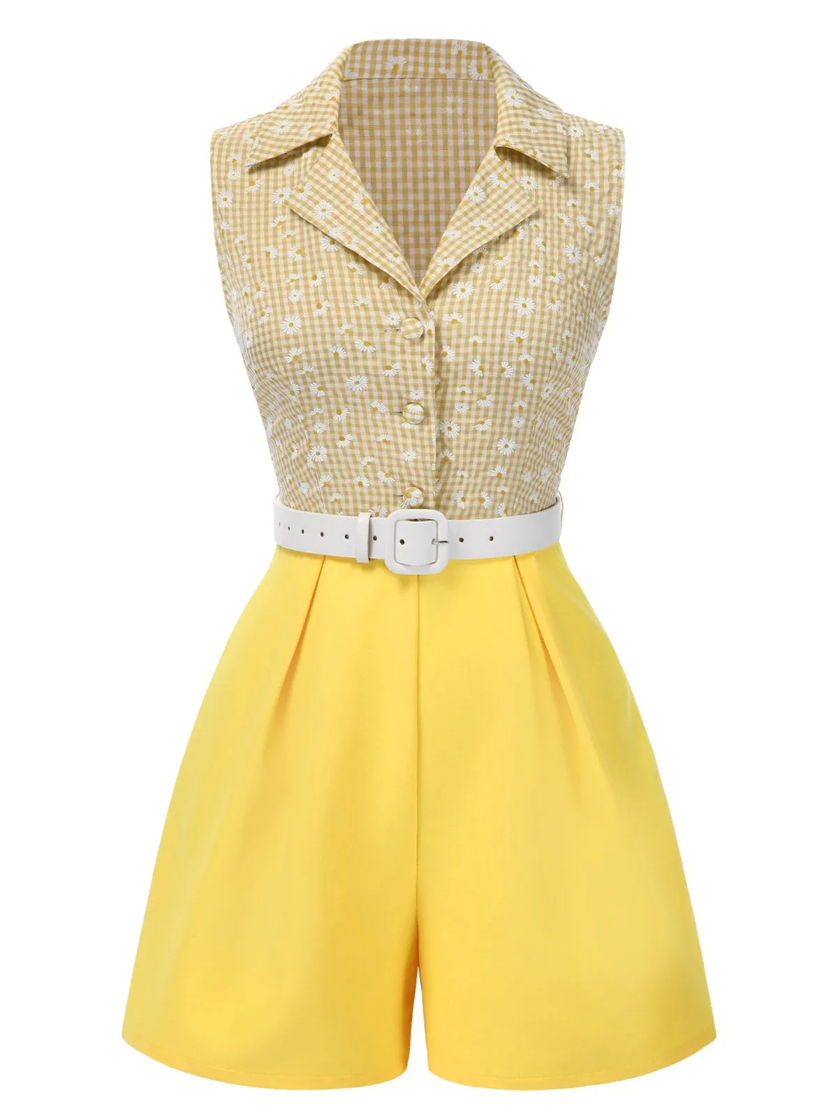 [Pre-Sale] Yellow 1940s Daisy Plaids Belted Lapel Romper