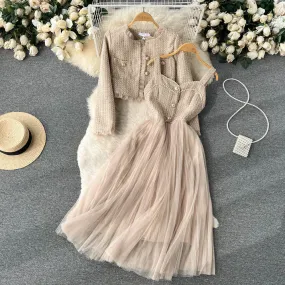 Premium Cardigan&Mesh Dress 2Pcs