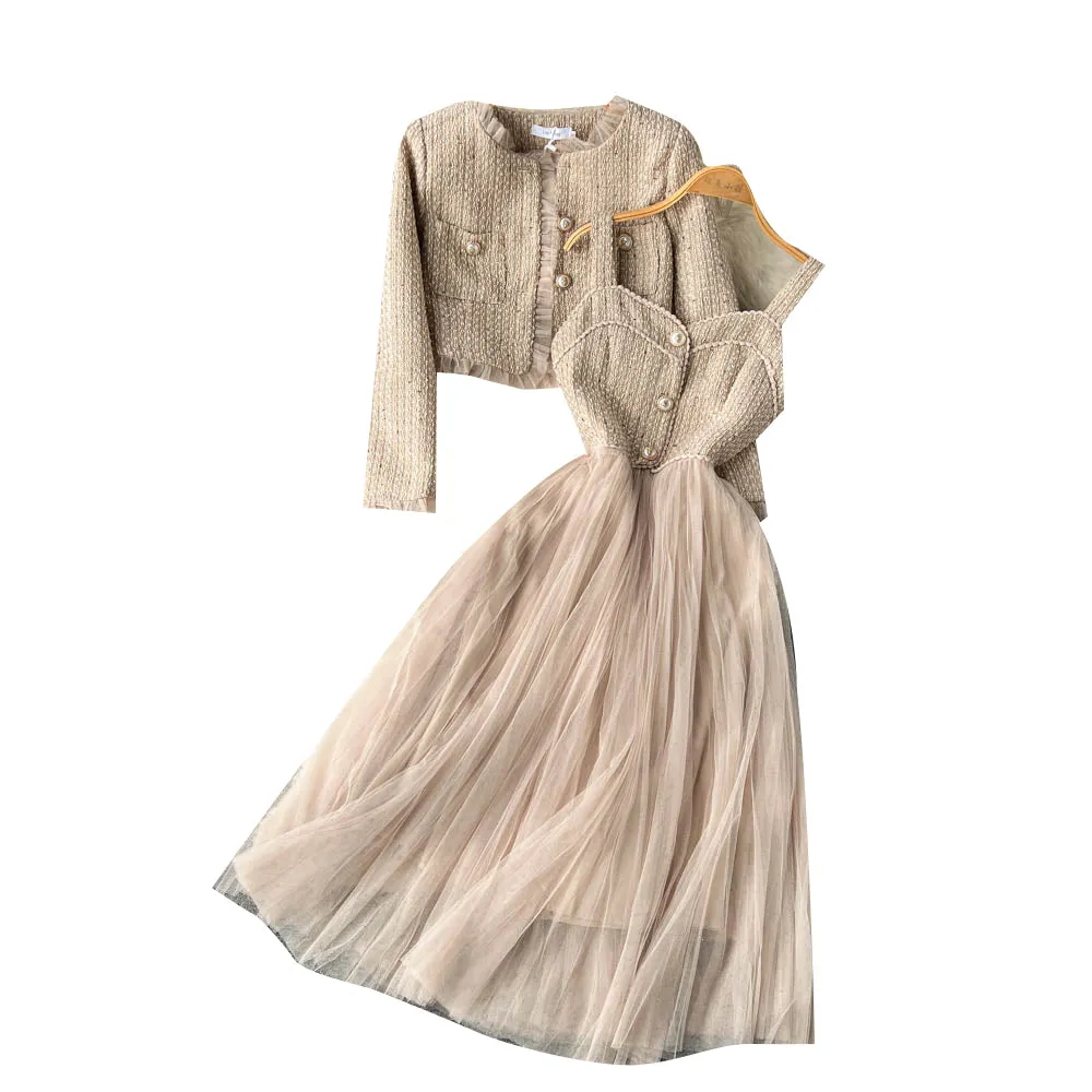 Premium Cardigan&Mesh Dress 2Pcs