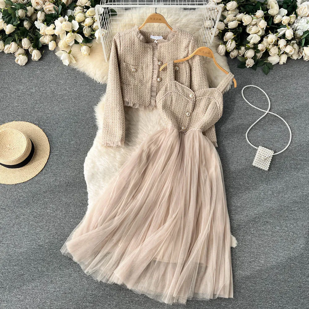 Premium Cardigan&Mesh Dress 2Pcs