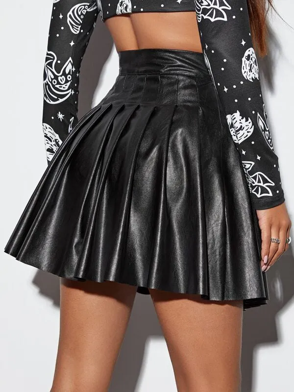 PU Leather Pleated Skirt