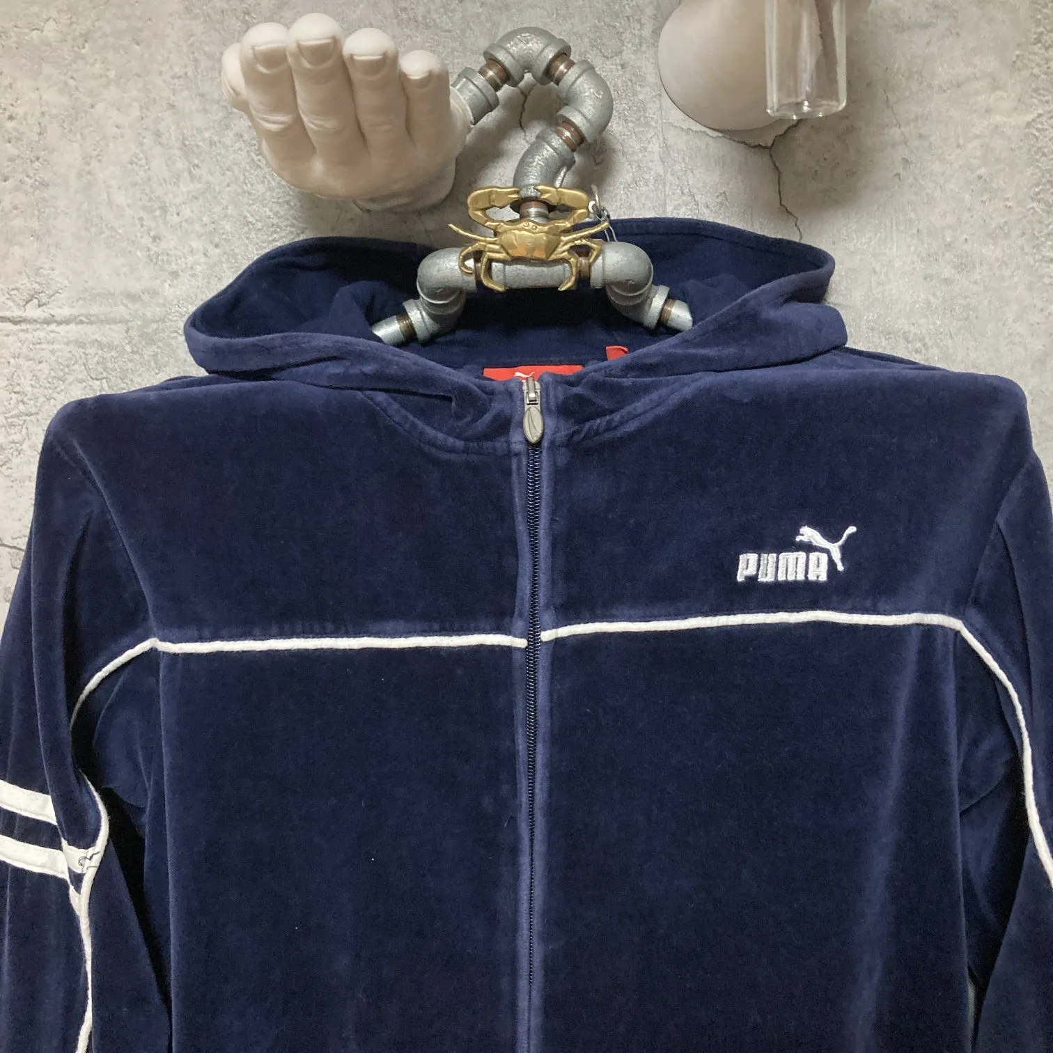 Puma velour hooded track jacket kids velvet navy white