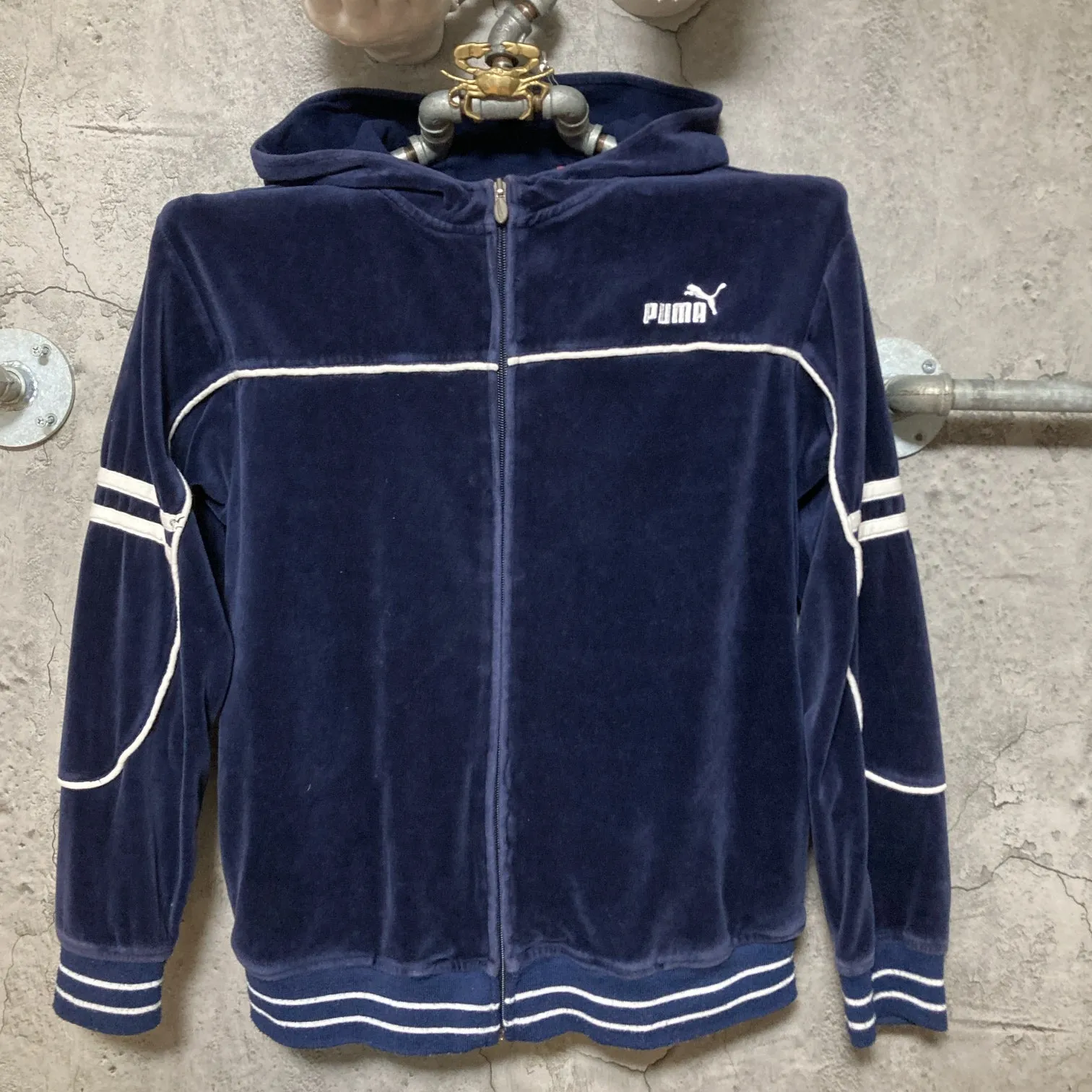 Puma velour hooded track jacket kids velvet navy white