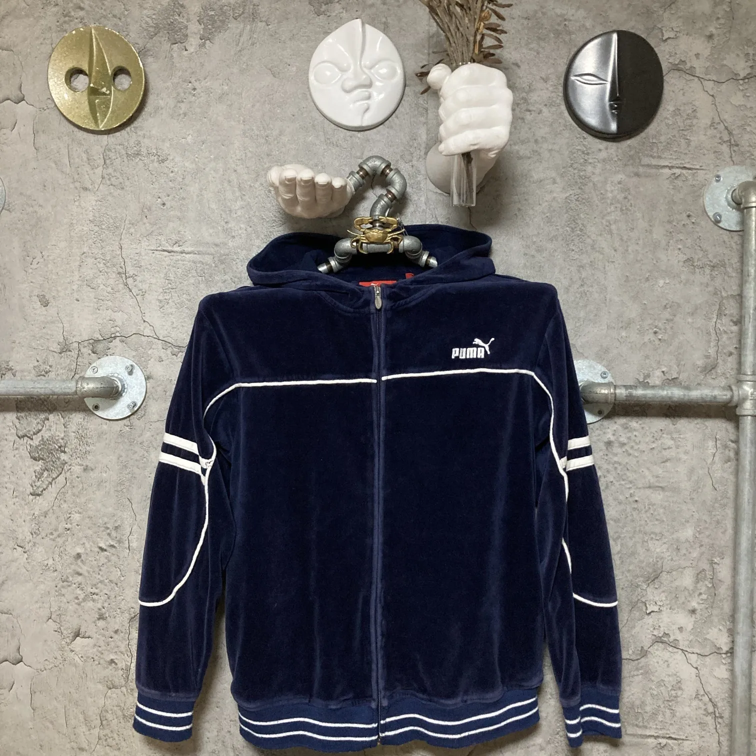 Puma velour hooded track jacket kids velvet navy white
