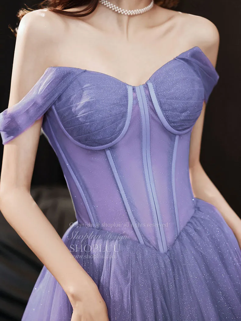 Purple Sweetheart Neck Tulle Long Prom Dress, Purple Formal Evening Graduation Dress