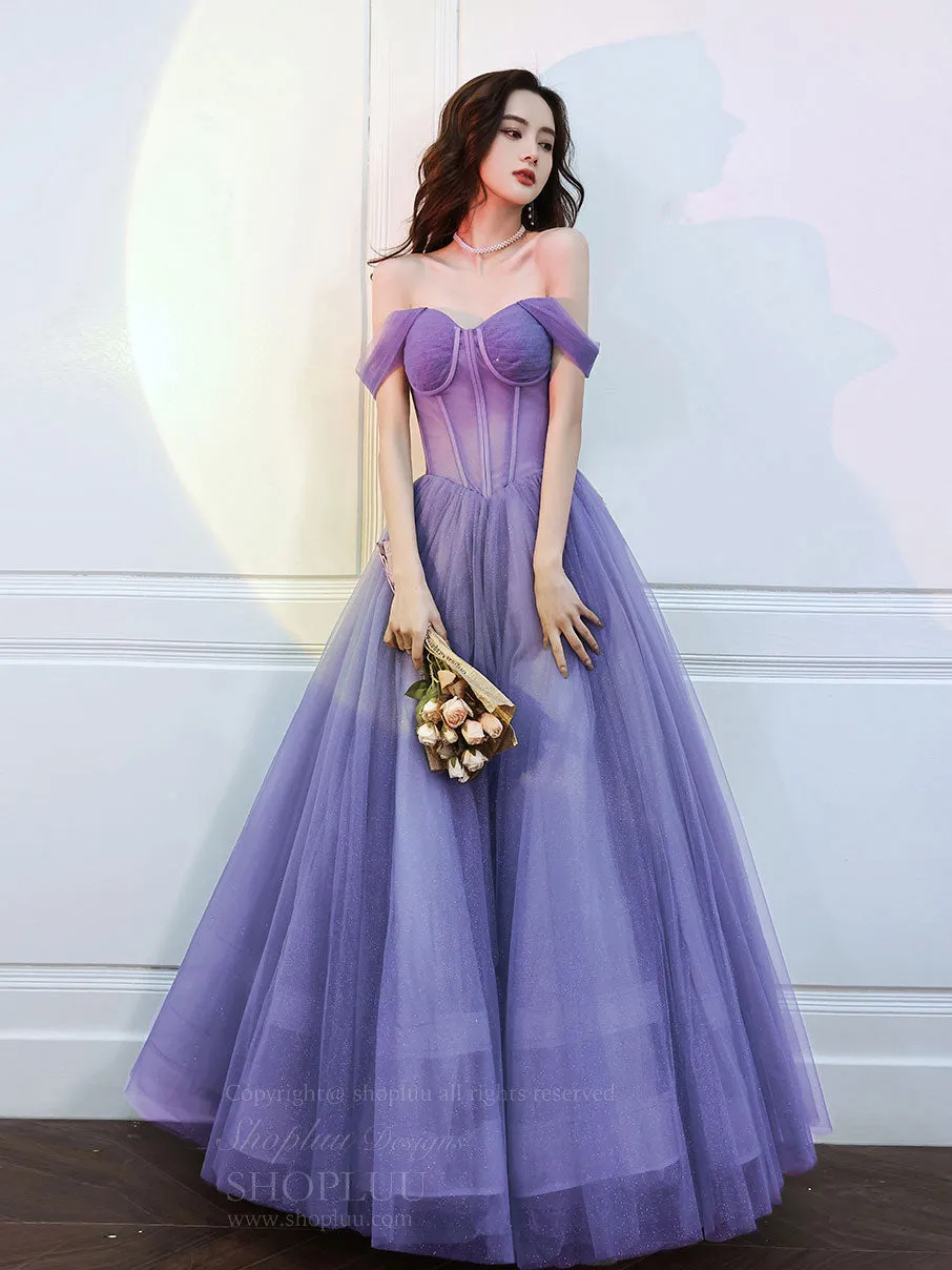 Purple Sweetheart Neck Tulle Long Prom Dress, Purple Formal Evening Graduation Dress