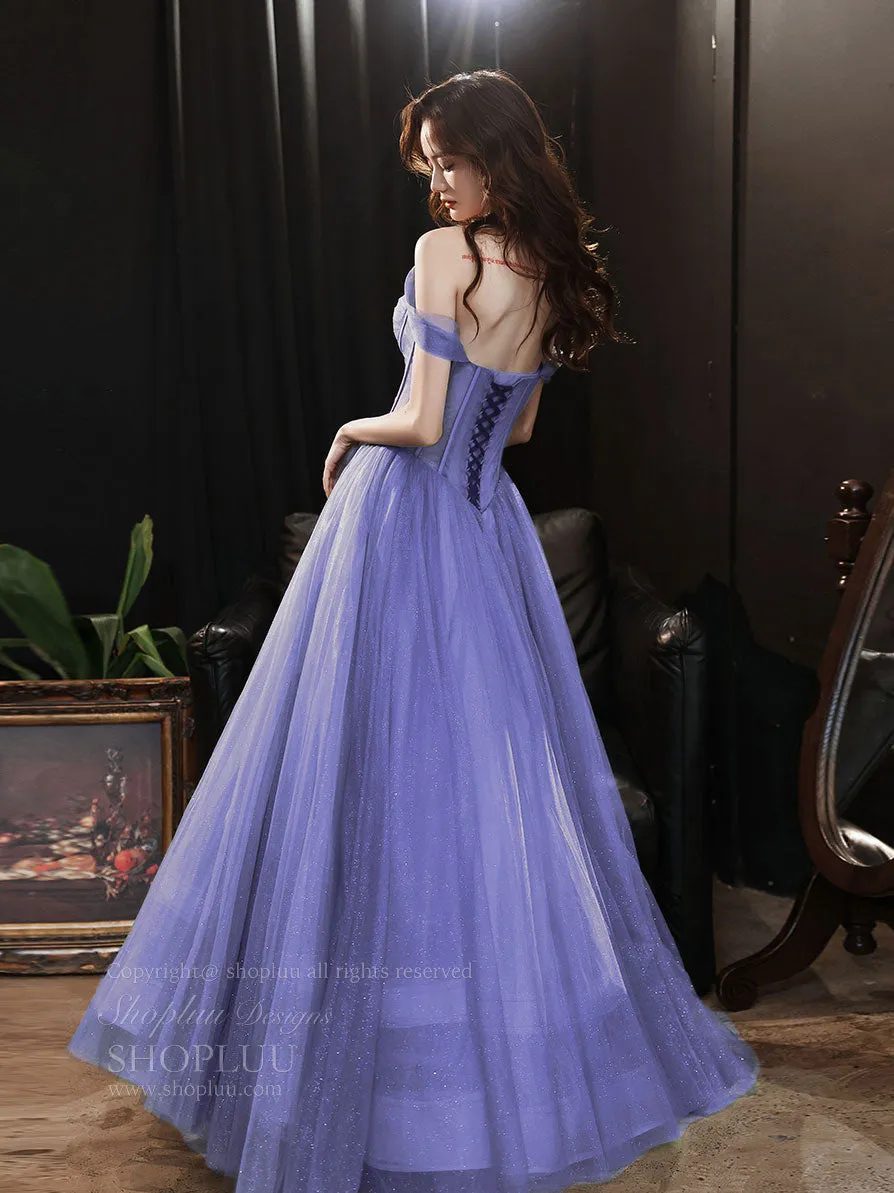 Purple Sweetheart Neck Tulle Long Prom Dress, Purple Formal Evening Graduation Dress