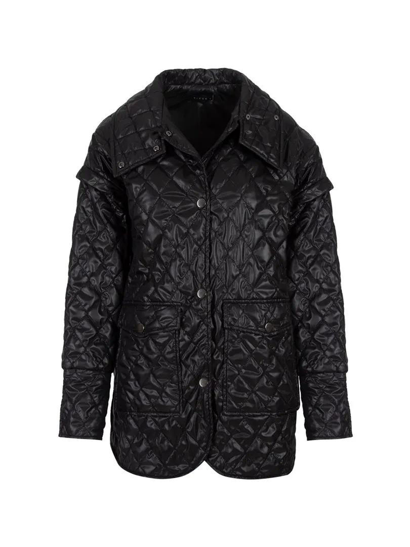 Quilted Coat with Pockets - Black