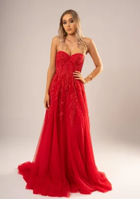 Red bustier top tulle dress with slit for hire