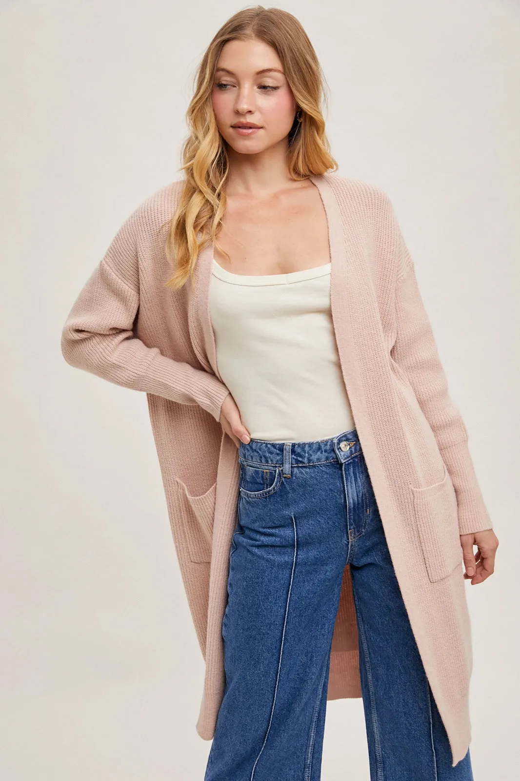 Ribbed Open Front Cardigan Blush