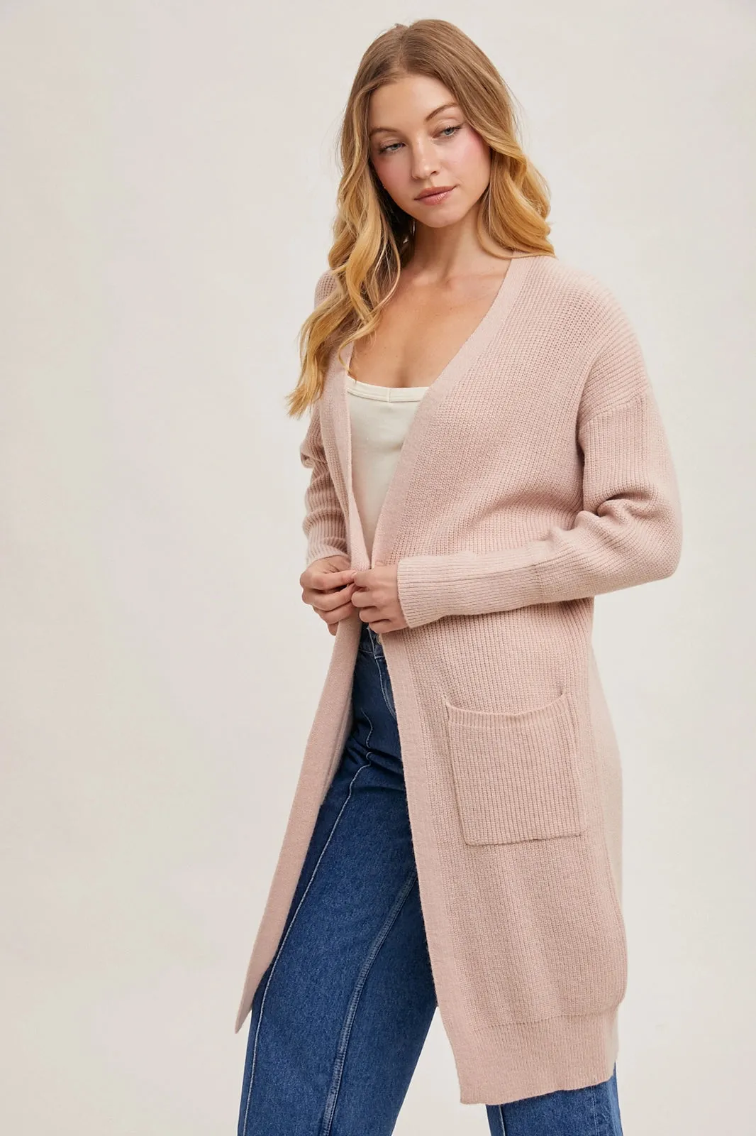 Ribbed Open Front Cardigan Blush