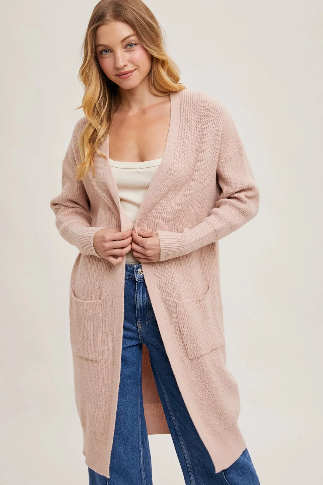 Ribbed Open Front Cardigan Blush