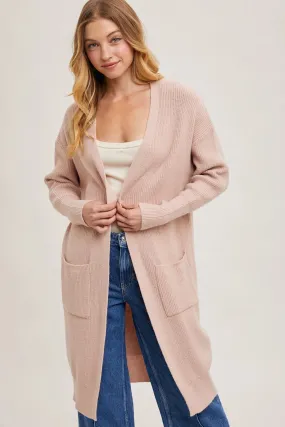 Ribbed Open Front Cardigan Blush