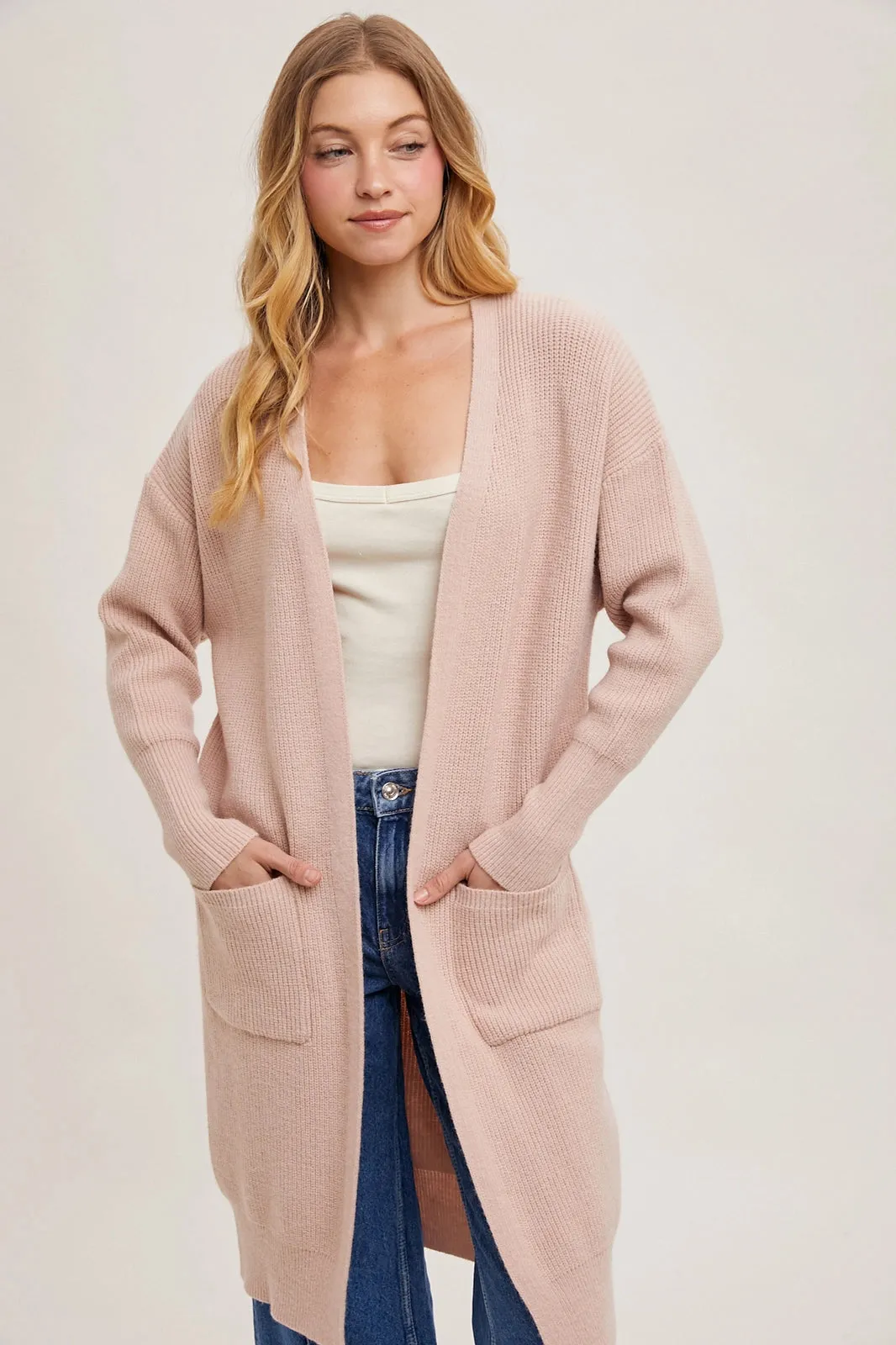 Ribbed Open Front Cardigan Blush