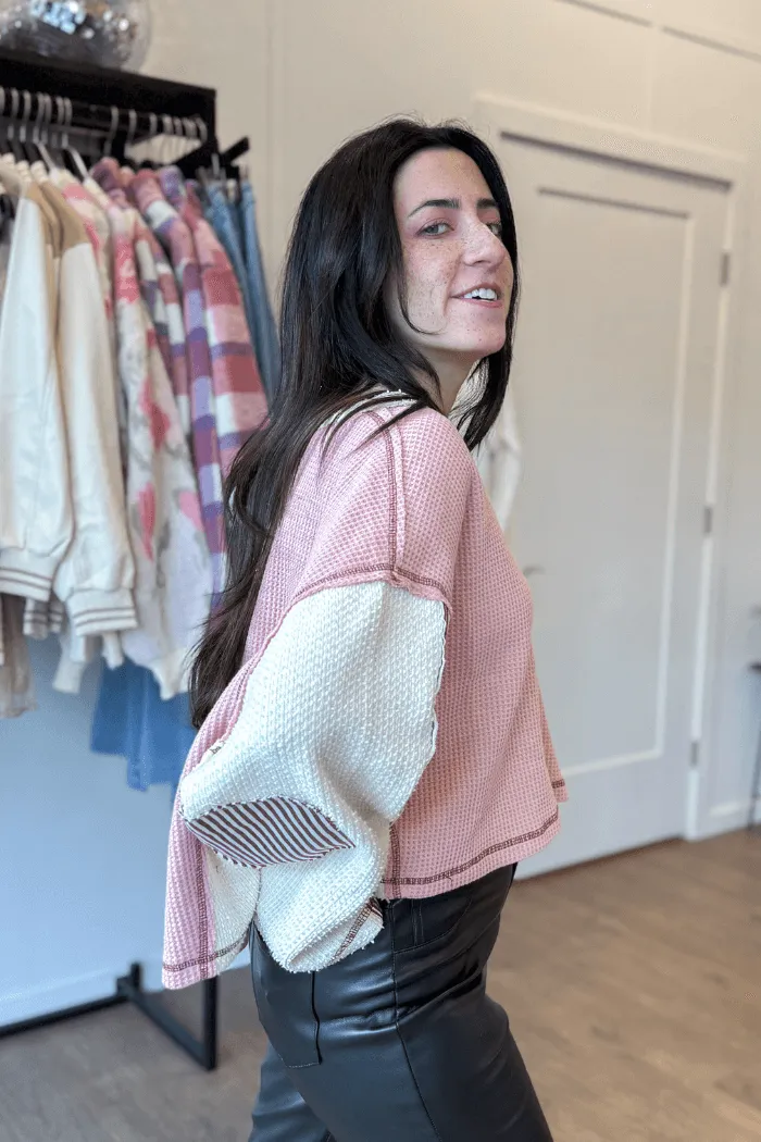 Round Neck Wide Sleeve Oversized Knit Top in Mauve