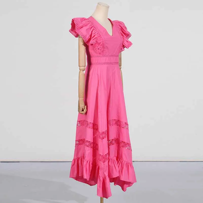 Ruffled Sleeveless V Neck Midi Dress