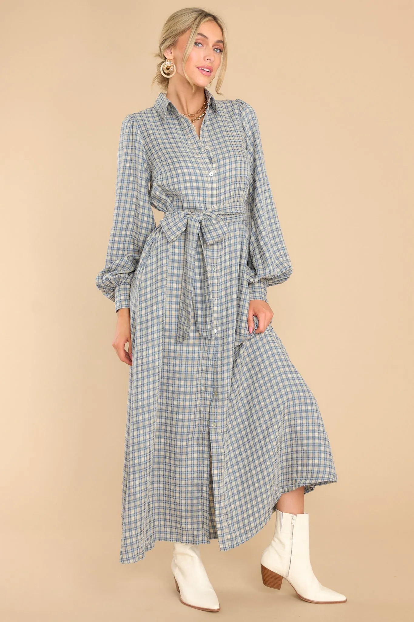 Rustic Elegance Ash Blue Plaid Maxi Dress