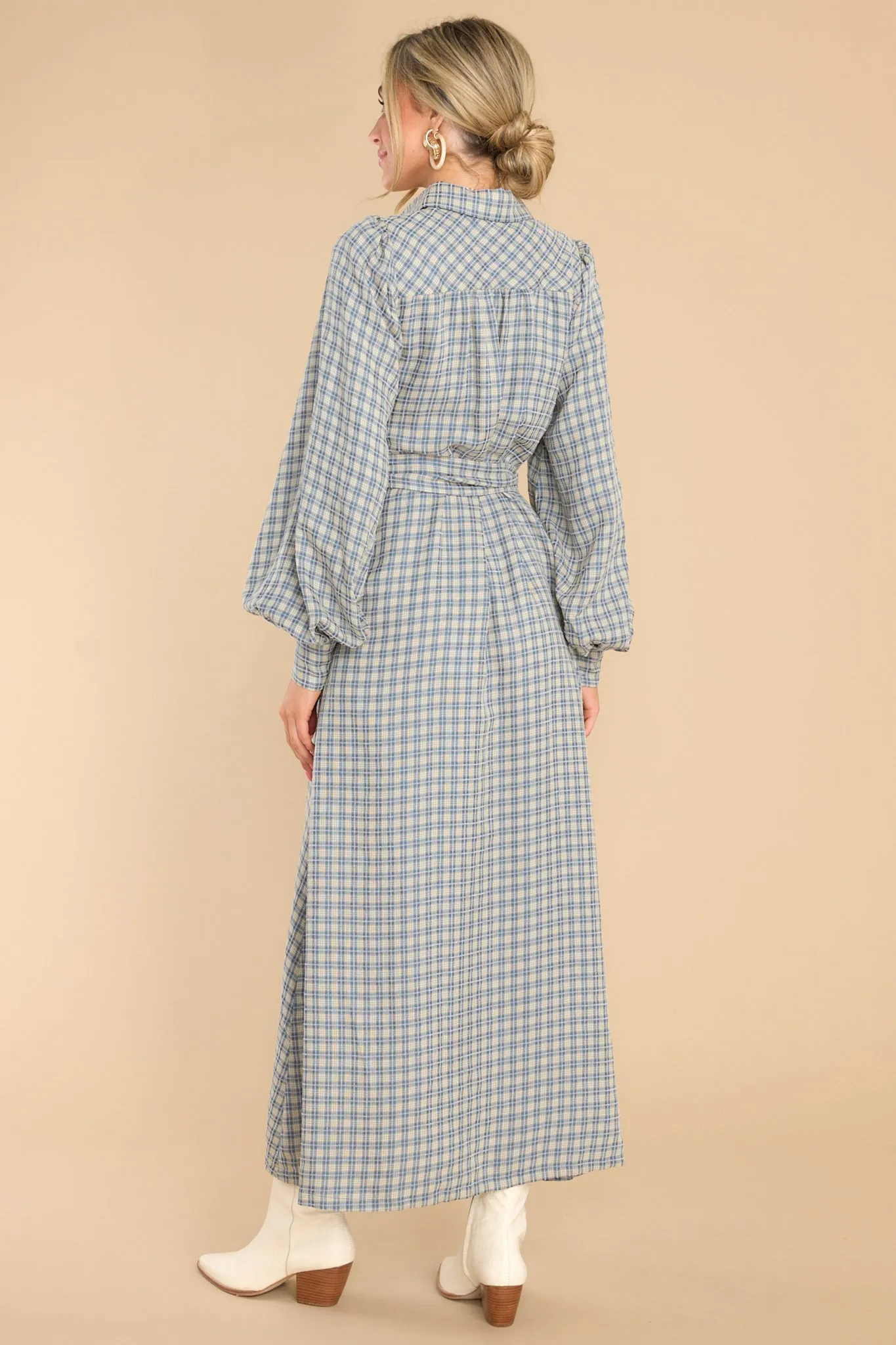 Rustic Elegance Ash Blue Plaid Maxi Dress