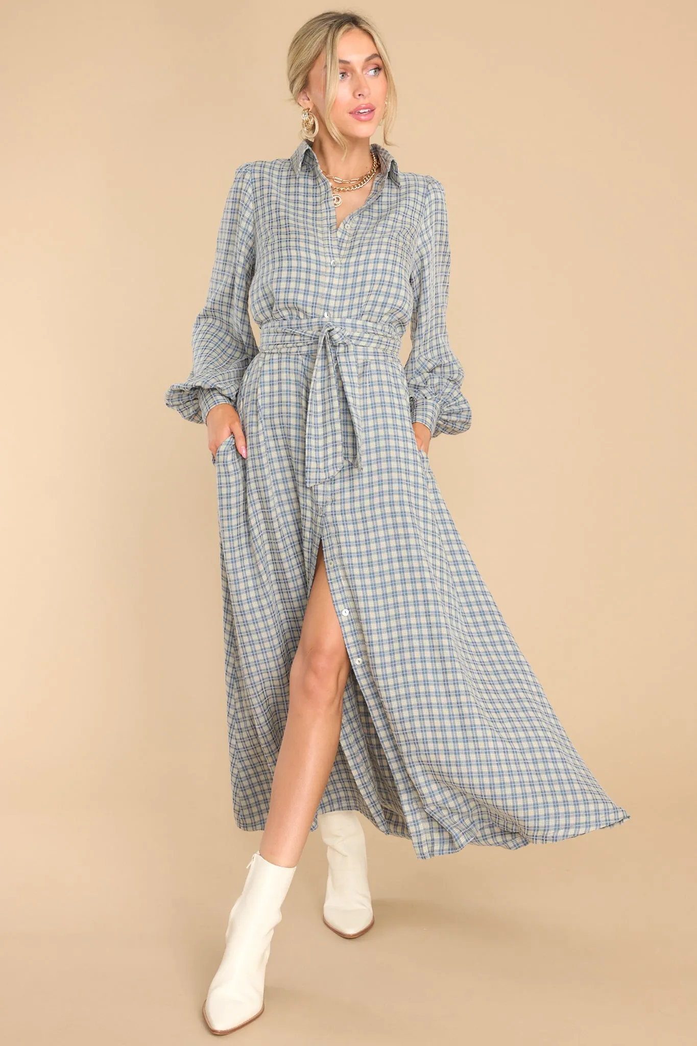 Rustic Elegance Ash Blue Plaid Maxi Dress