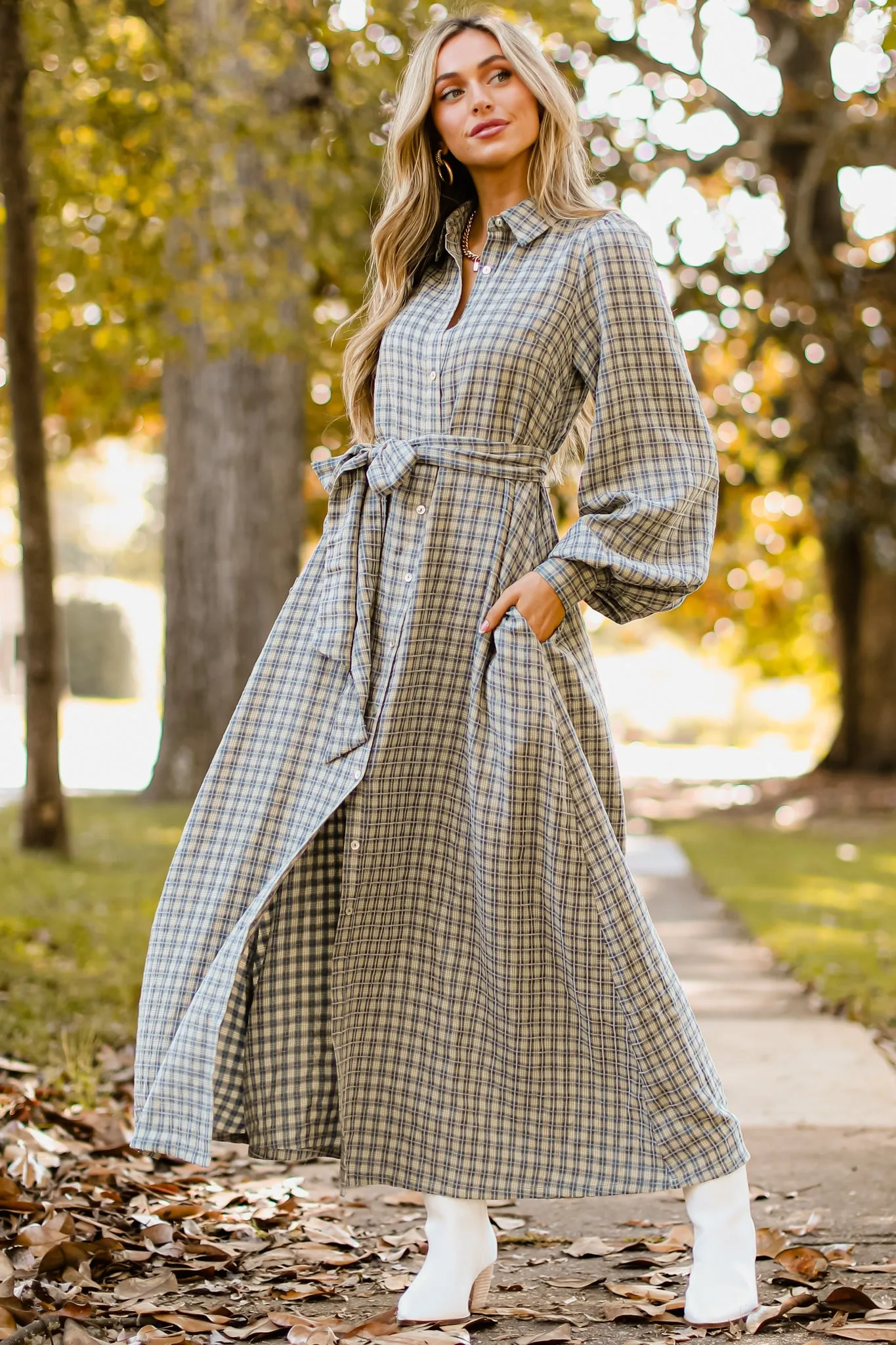 Rustic Elegance Ash Blue Plaid Maxi Dress