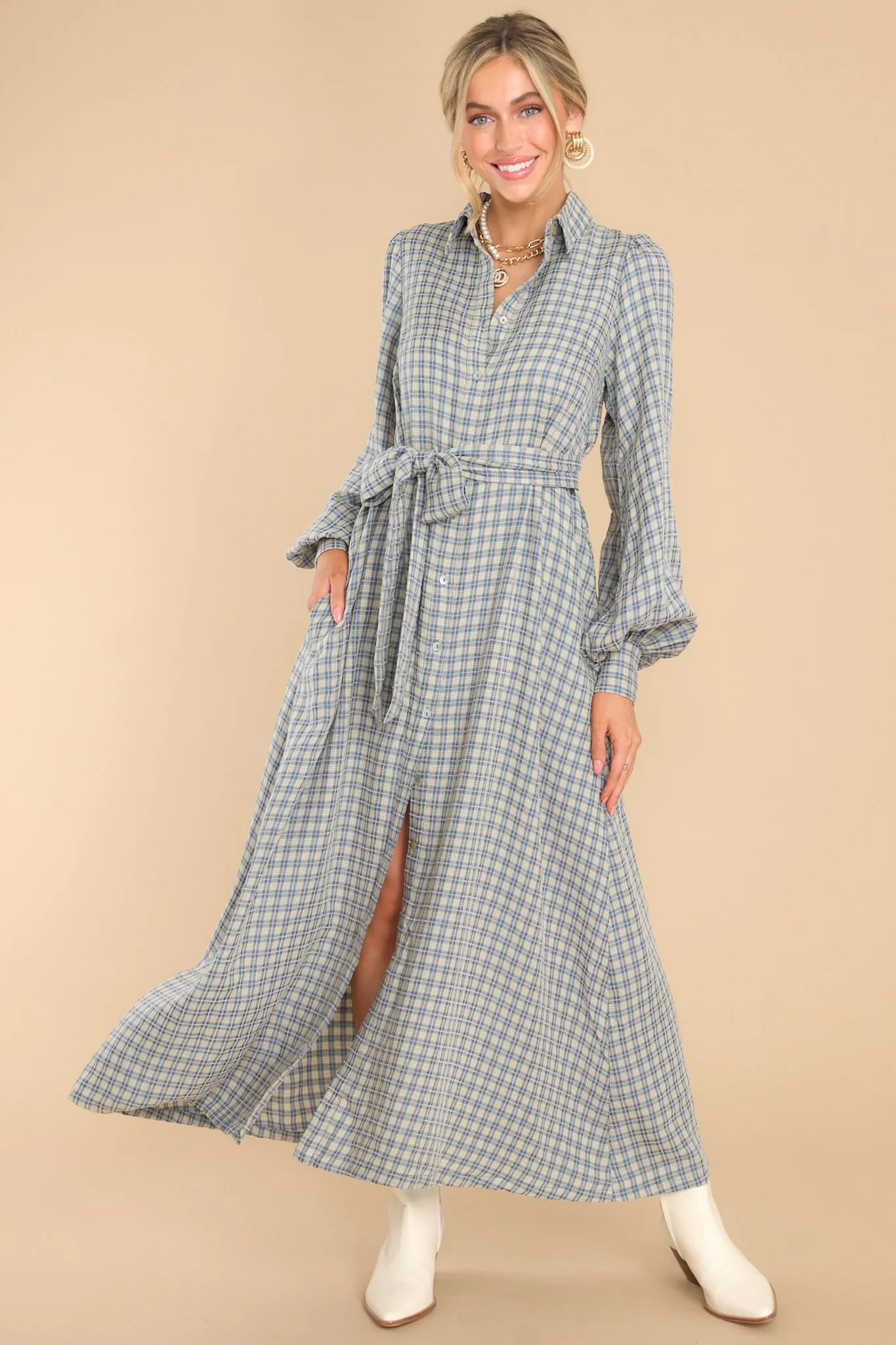 Rustic Elegance Ash Blue Plaid Maxi Dress