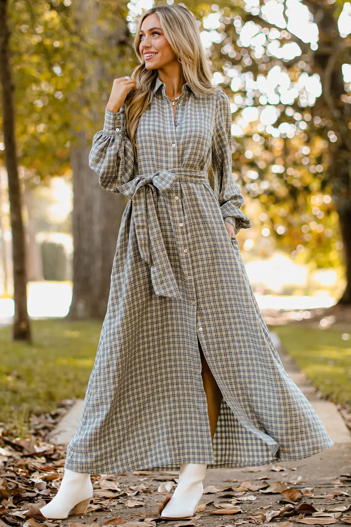 Rustic Elegance Ash Blue Plaid Maxi Dress