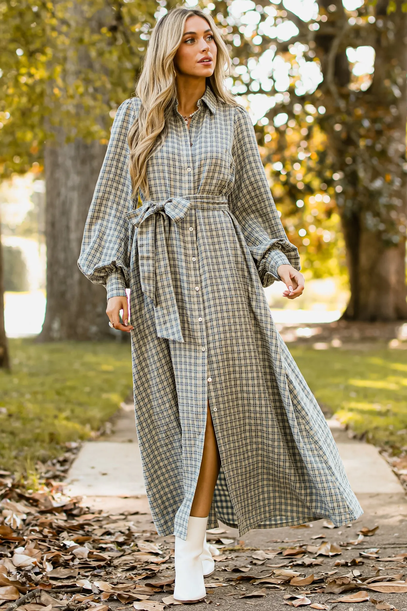 Rustic Elegance Ash Blue Plaid Maxi Dress