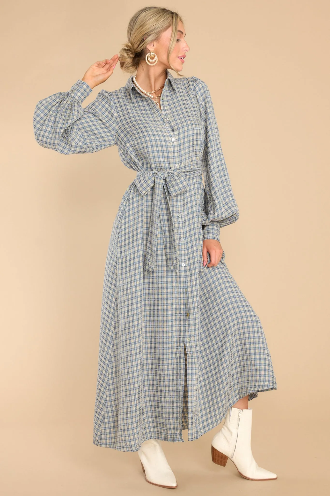 Rustic Elegance Ash Blue Plaid Maxi Dress