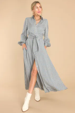 Rustic Elegance Ash Blue Plaid Maxi Dress