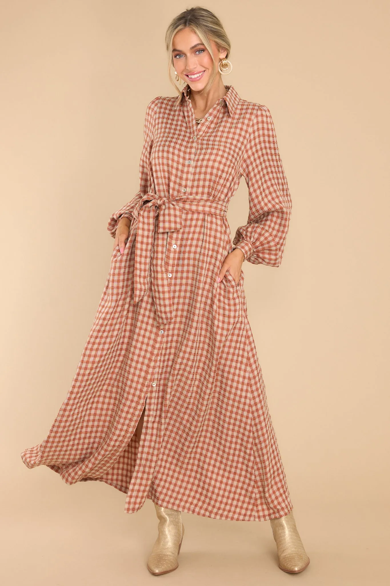 Rustic Elegance Brick Plaid Maxi Dress