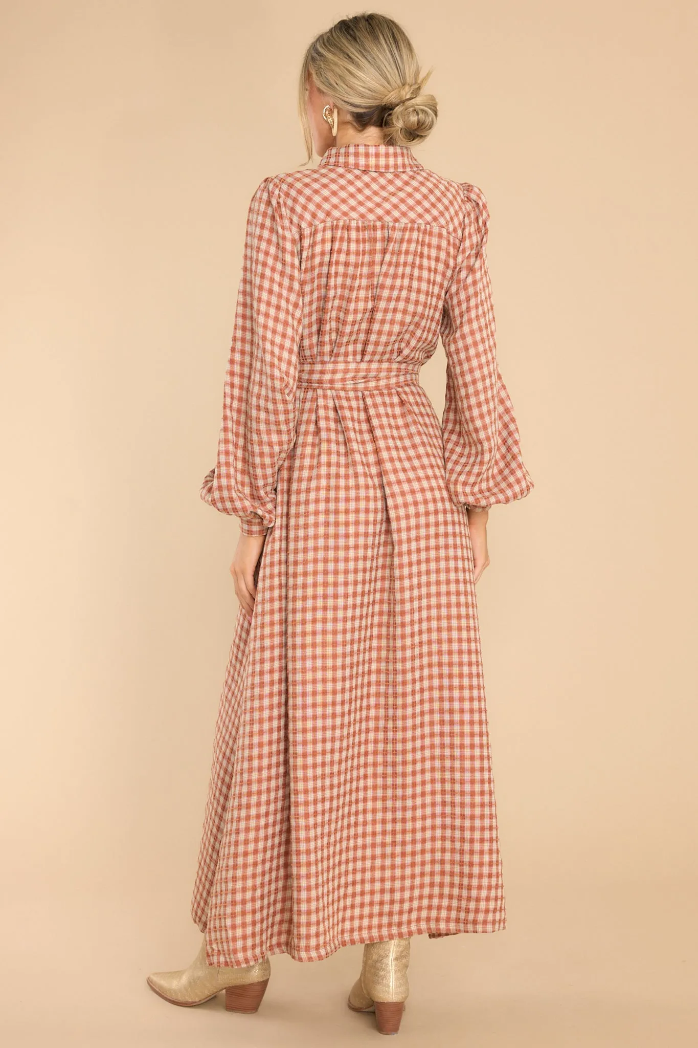 Rustic Elegance Brick Plaid Maxi Dress