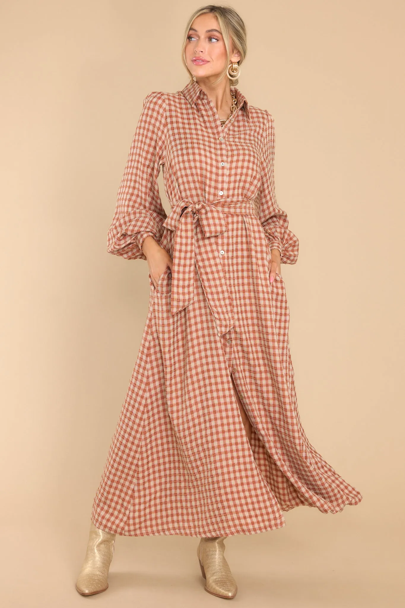 Rustic Elegance Brick Plaid Maxi Dress