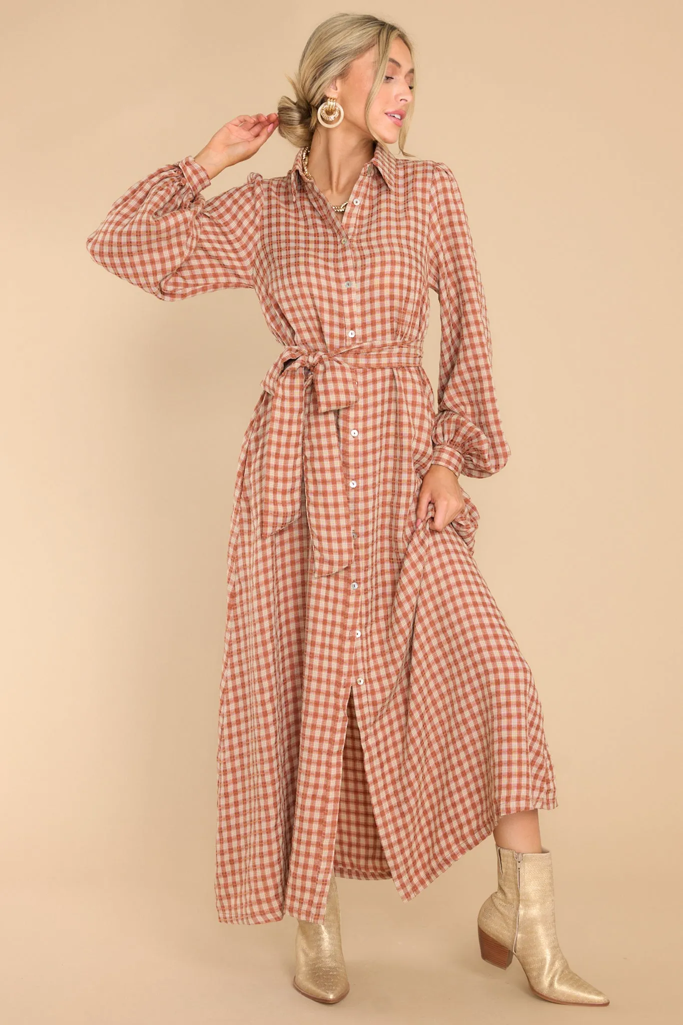 Rustic Elegance Brick Plaid Maxi Dress