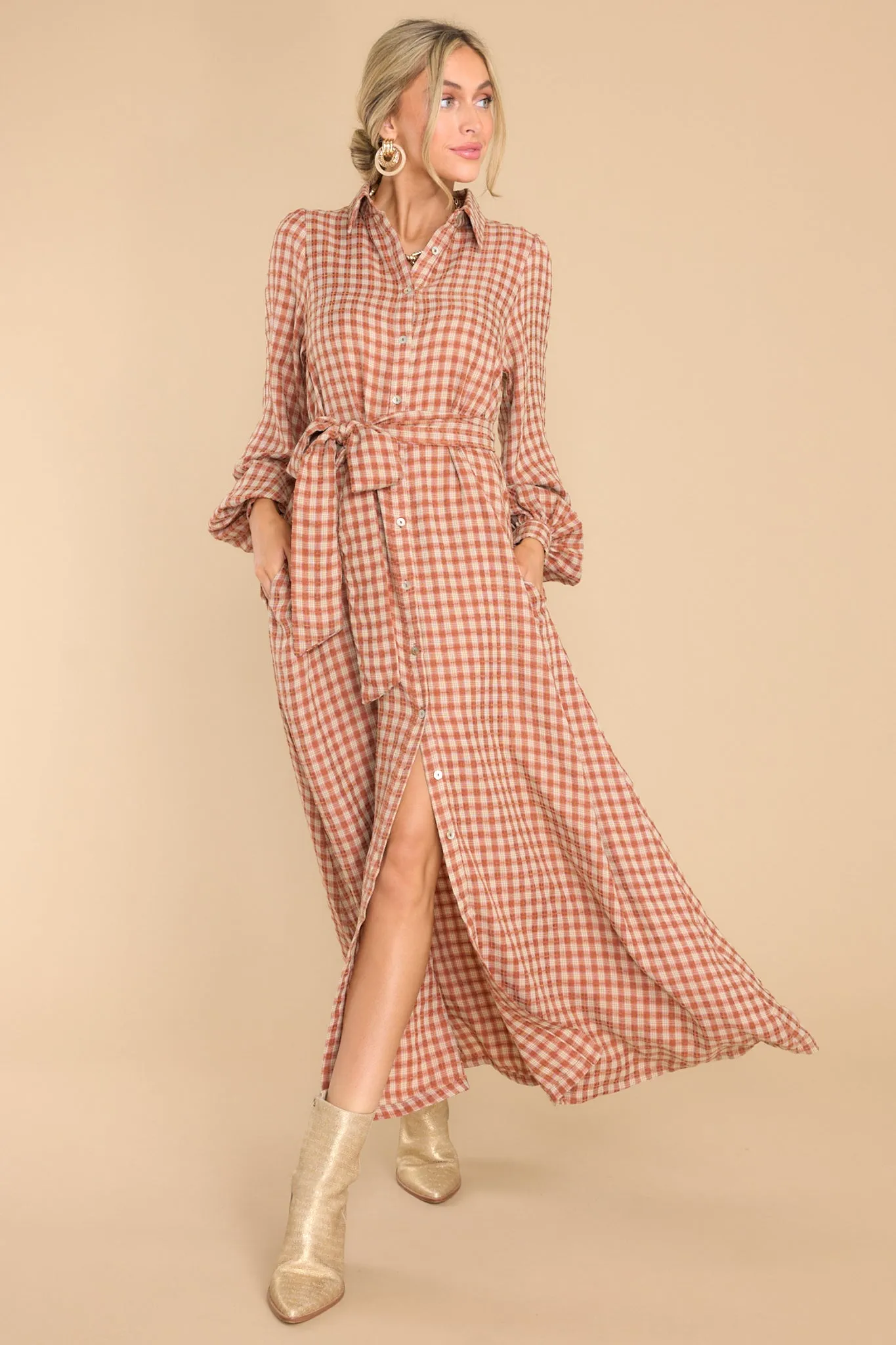 Rustic Elegance Brick Plaid Maxi Dress