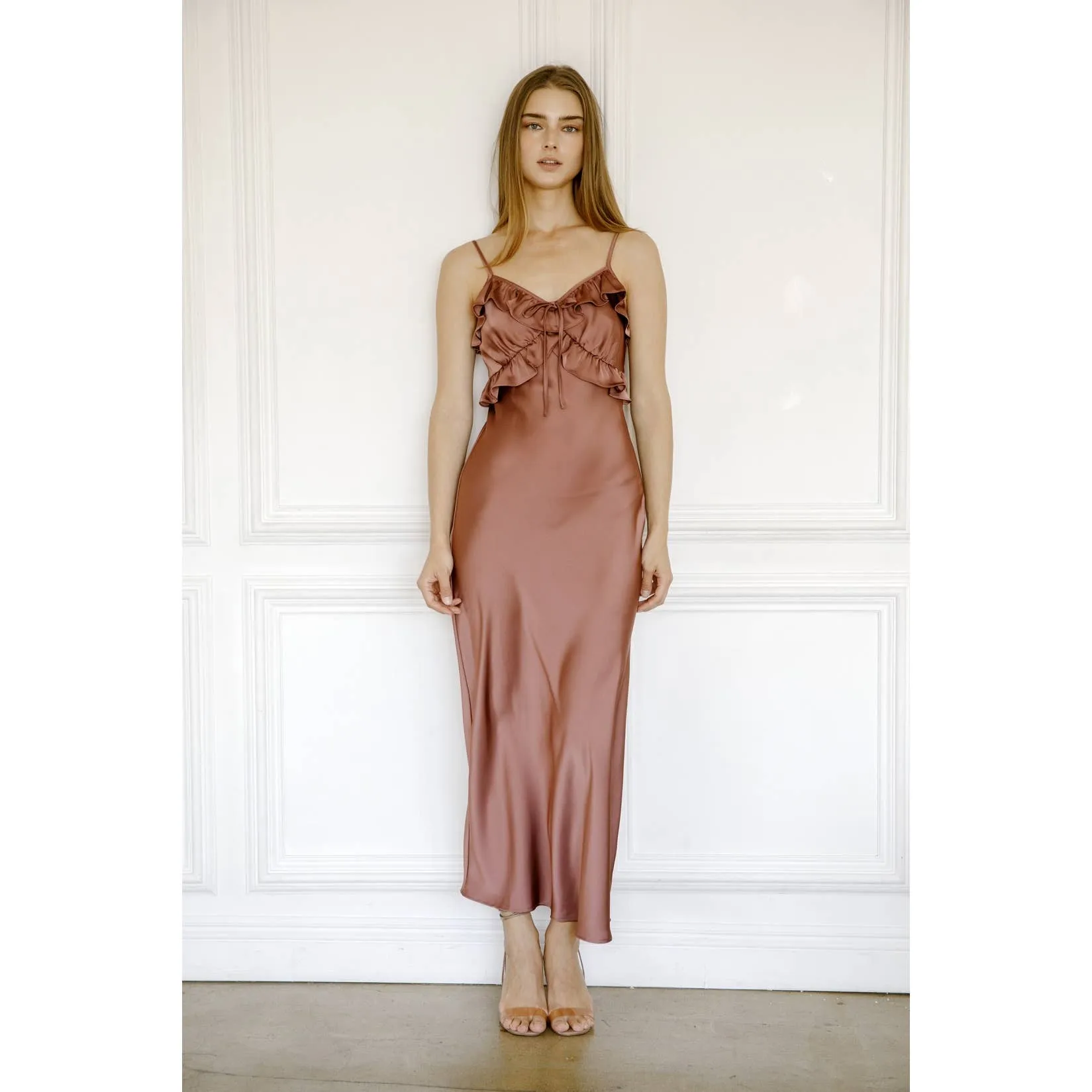 SATIN RUFFLED SLIP MIDI