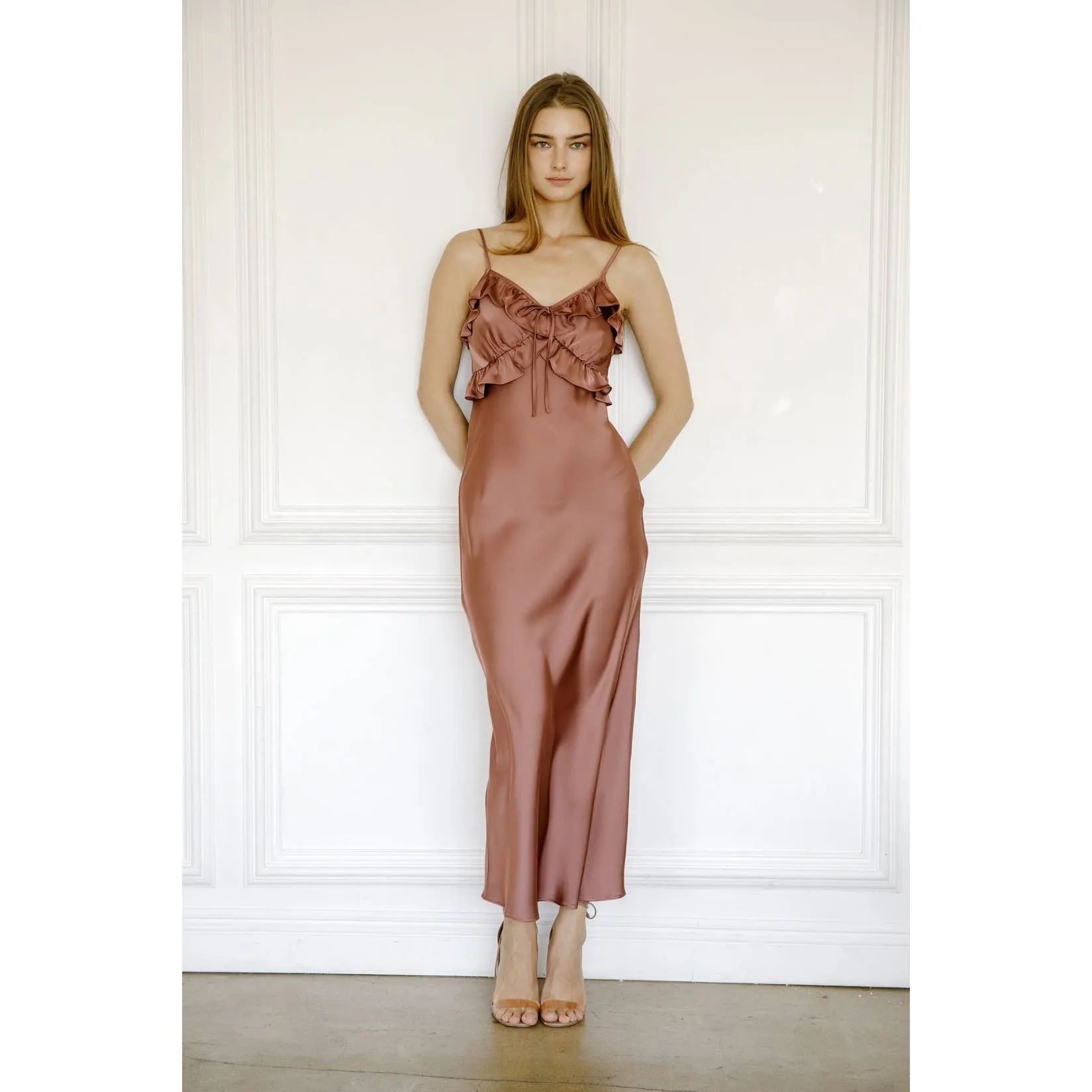 SATIN RUFFLED SLIP MIDI