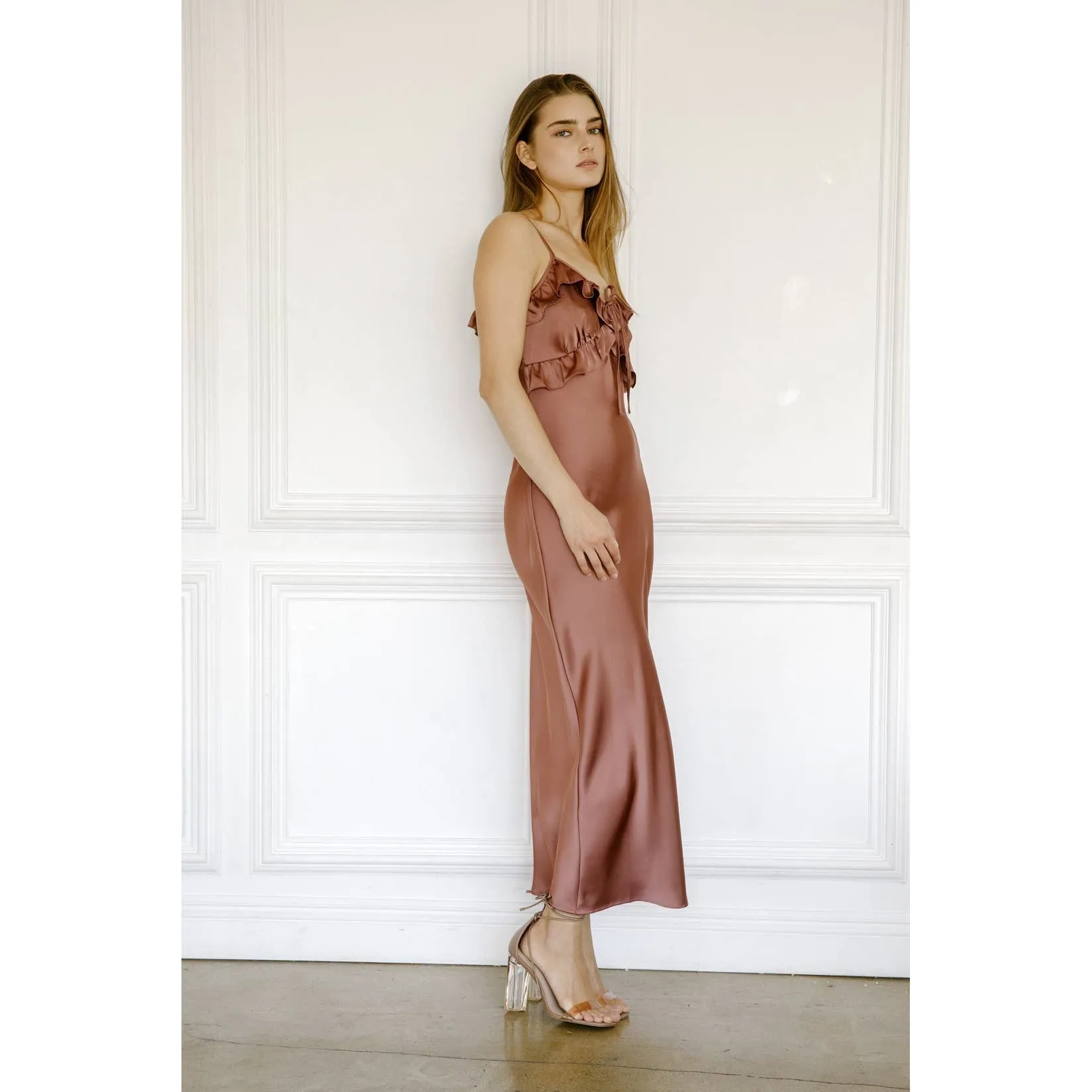 SATIN RUFFLED SLIP MIDI