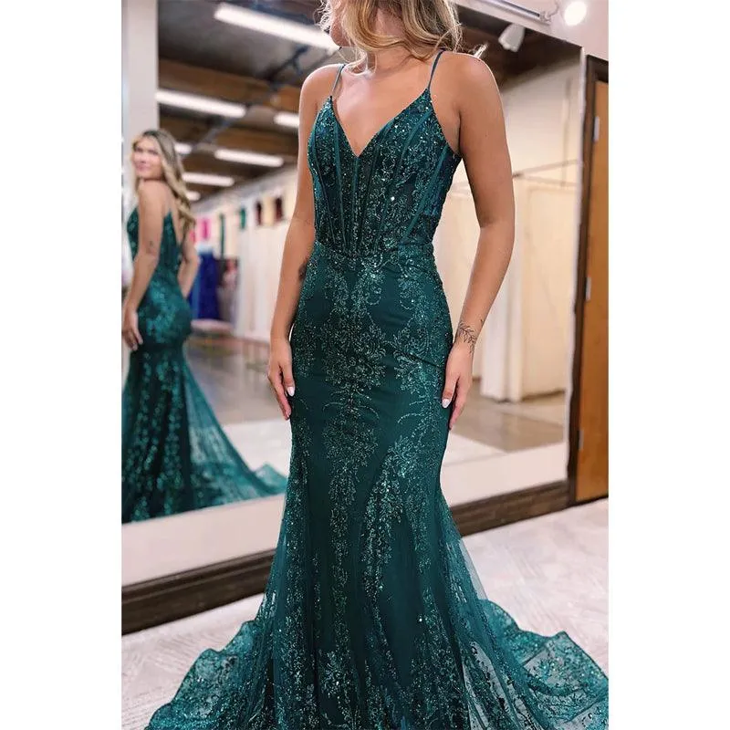 Sexy V-neck Sequins Appliques Mermaid Long Prom Dress
