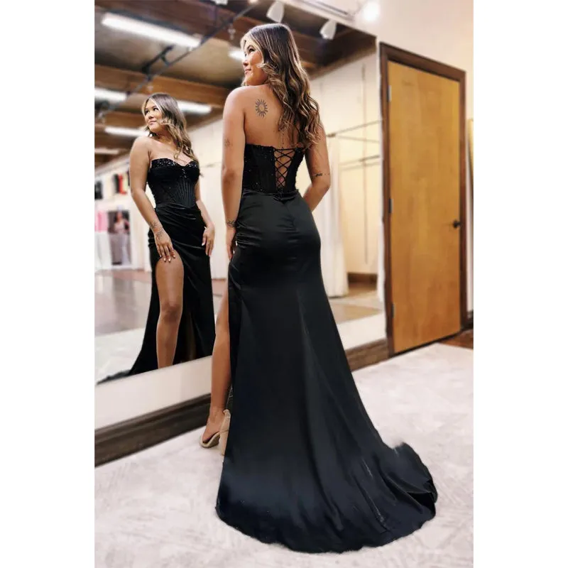Sheath Strapless Beaded Pleats Black Long Prom Dress with Slit Evening Gowns