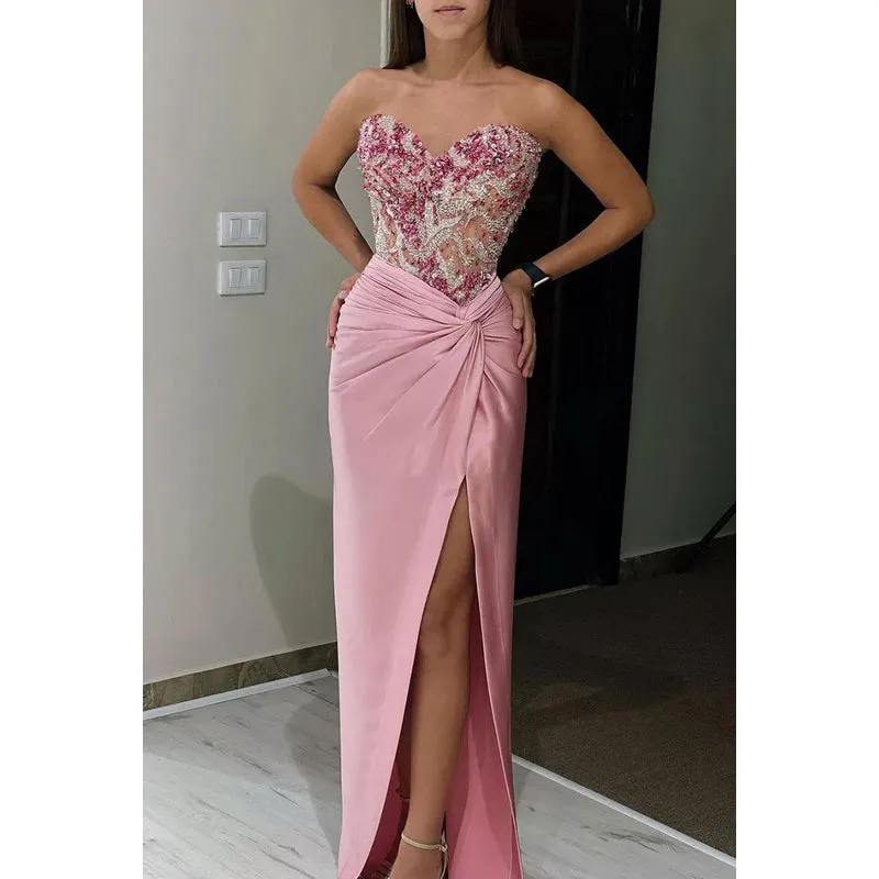 Sheath/Column Elegant Appliques Off-Shoulder Sleeveless Side Slit Party Prom Dress