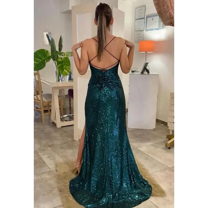 Sheath/Column V-Neck Sequined Split Backless Sleeveless Evening Dress