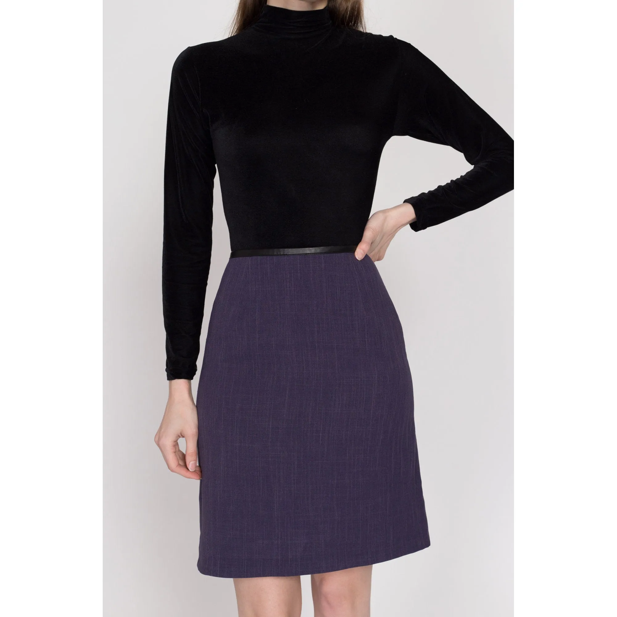 Small 90s Purple Faux Leather Trim Mini Skirt 26"
