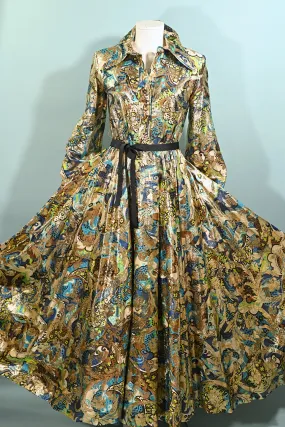 SOLD Vintage 70s Gold/Multi-Colored Maxi Dress, Metallic Gold S