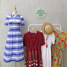Sophie | Vintage 1960s retro graphic print Blue sea waves dress with short sleeves